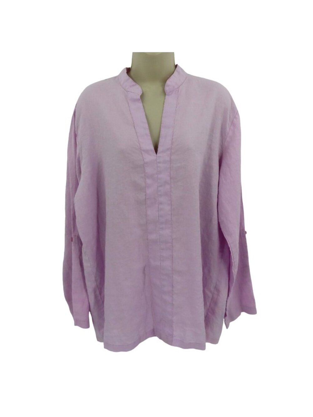 Island Importer Women Large Purple Long Roll Tab Sleeves Linen Tunic Shirt Top